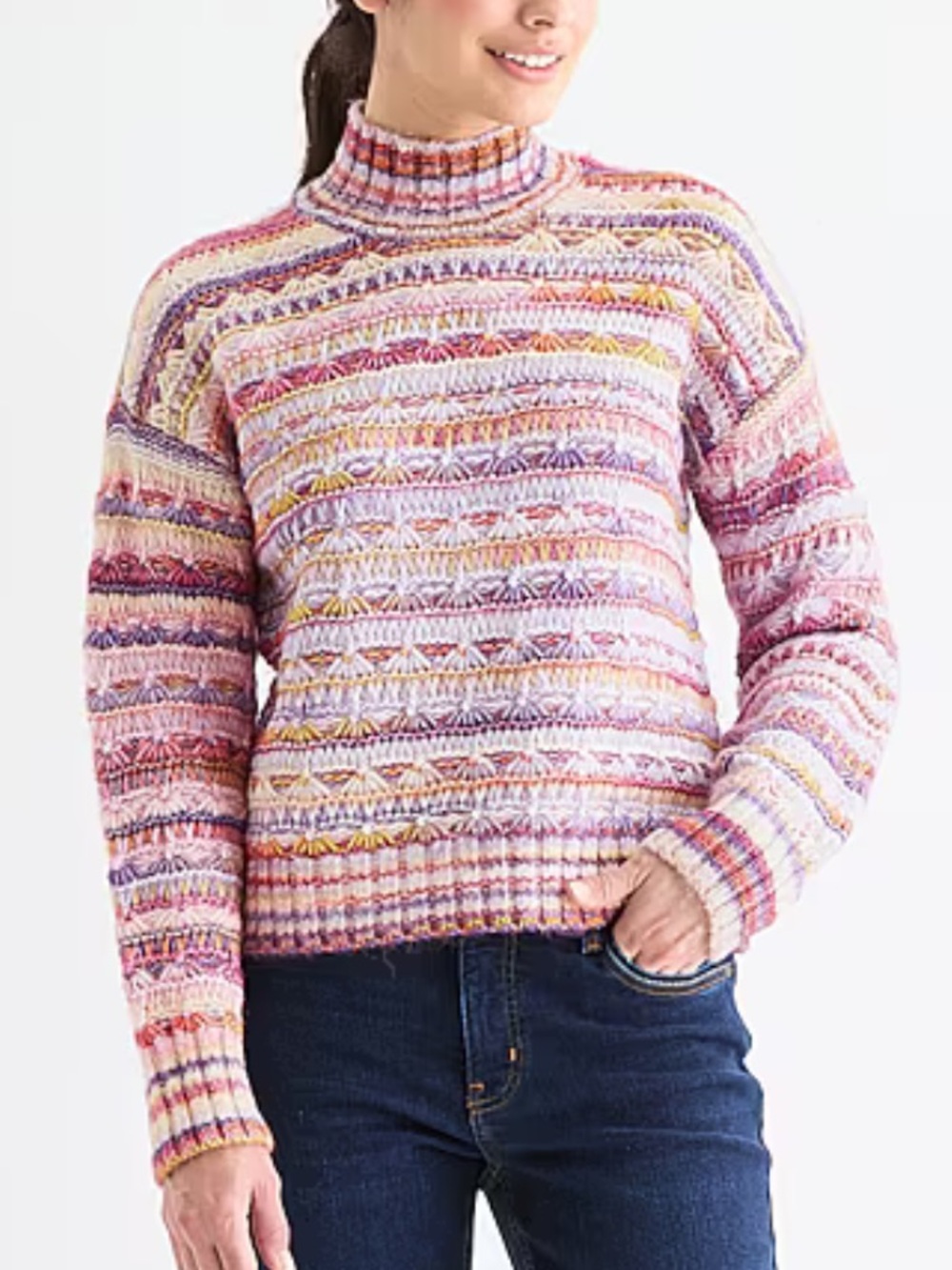 Pink Multicolor Mock Neck Sweater Cottagecore Eclectic Grandma Preppy Petite SM
